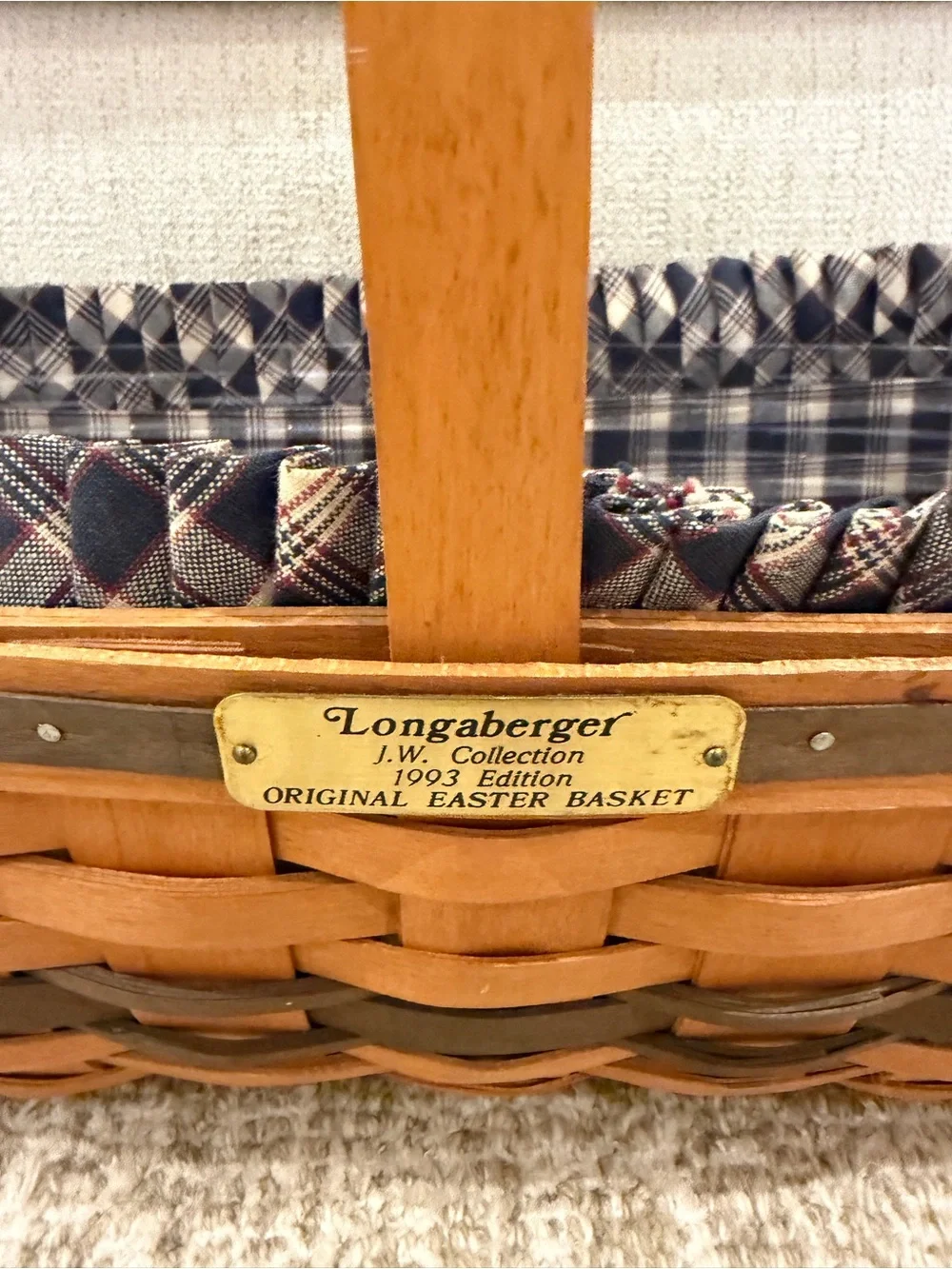 Longaberger original Easter Basket with Navy Plaid Liner